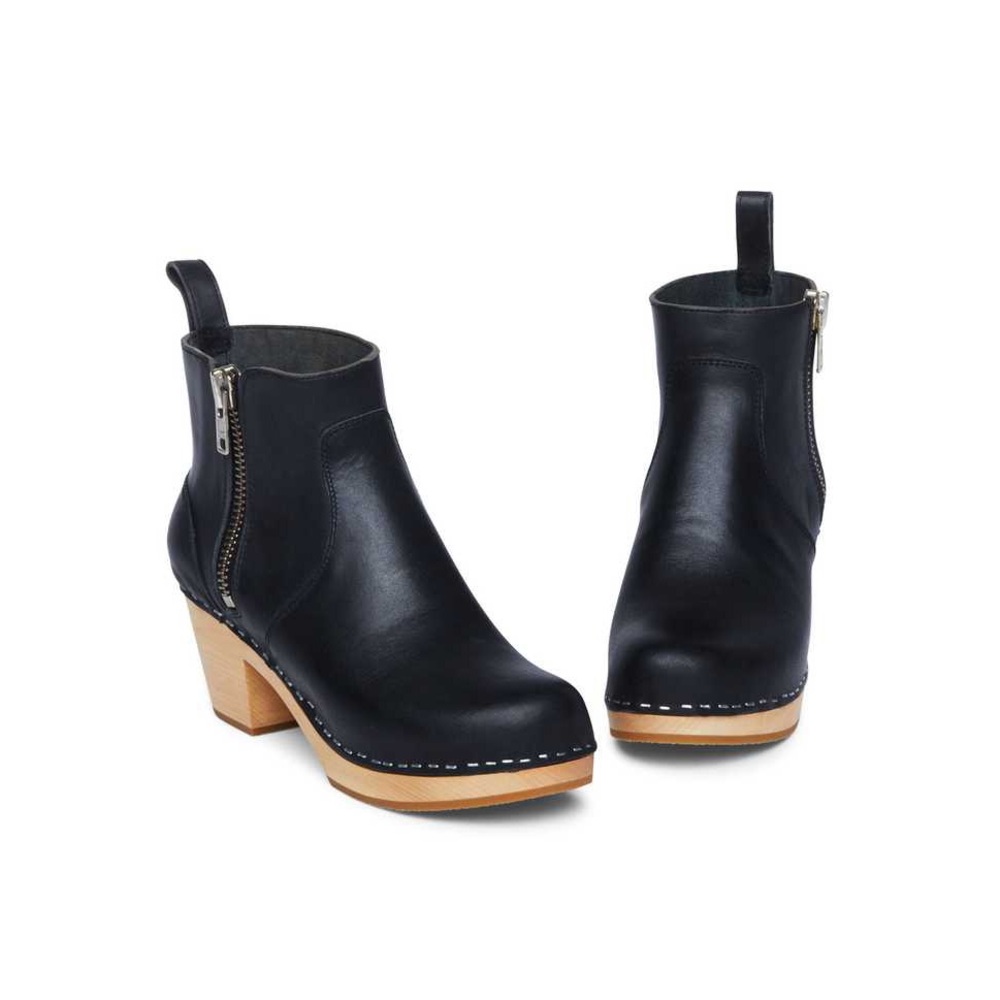 Swedish Hasbeens black leather wooden heeled clog boots size 5